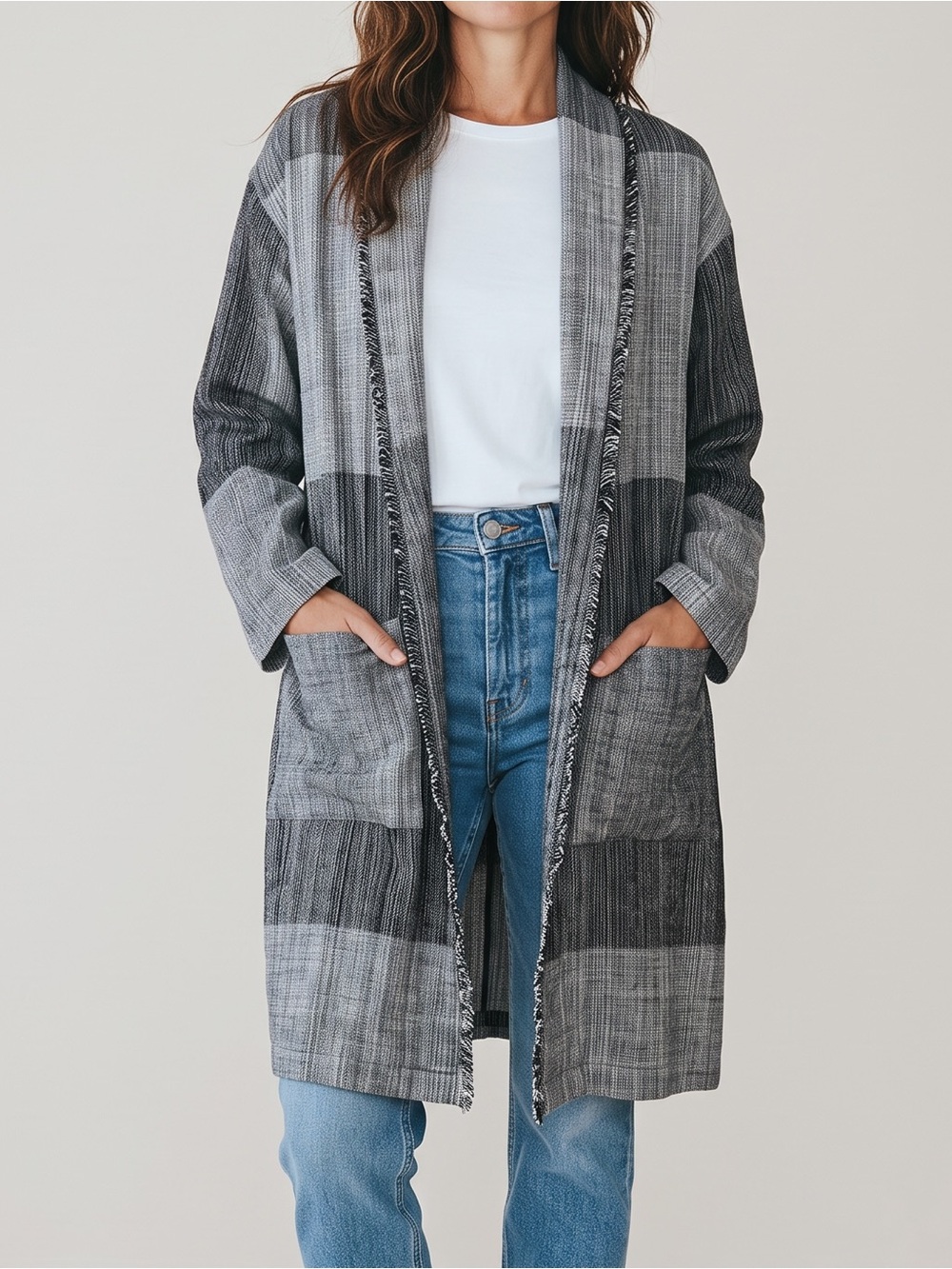 Eileen Fisher Organic Cotton Hazy Blocks Jacket S/M Black Gray Lagenlook